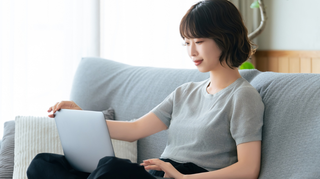 自宅のソファーでパソコンを開く主婦