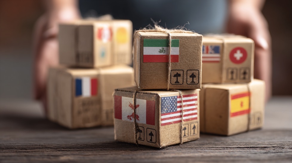 様々な国旗と小さな荷物
