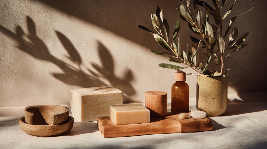 斜めに光が差し込む空間と木の雑貨